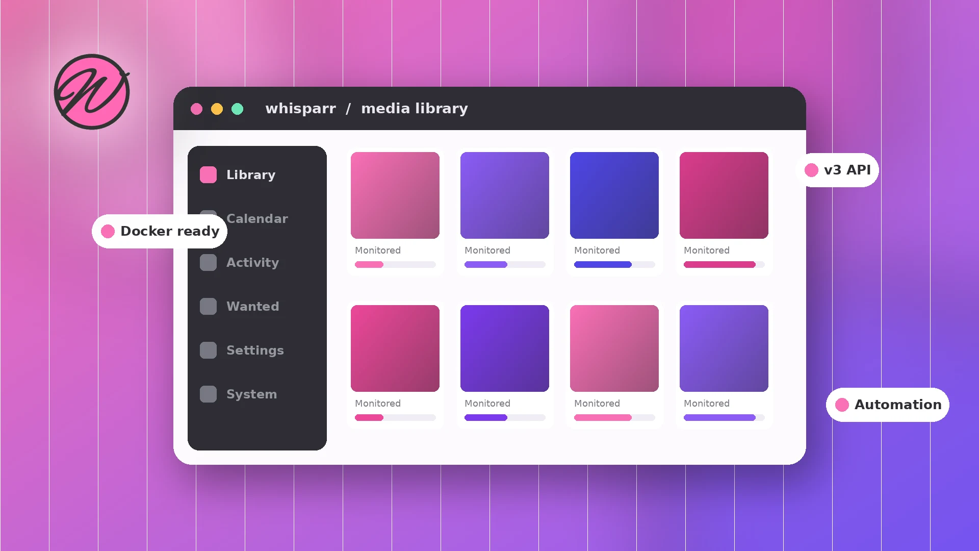 Illustration of the Whisparr web interface with a monitored media library and automation badges